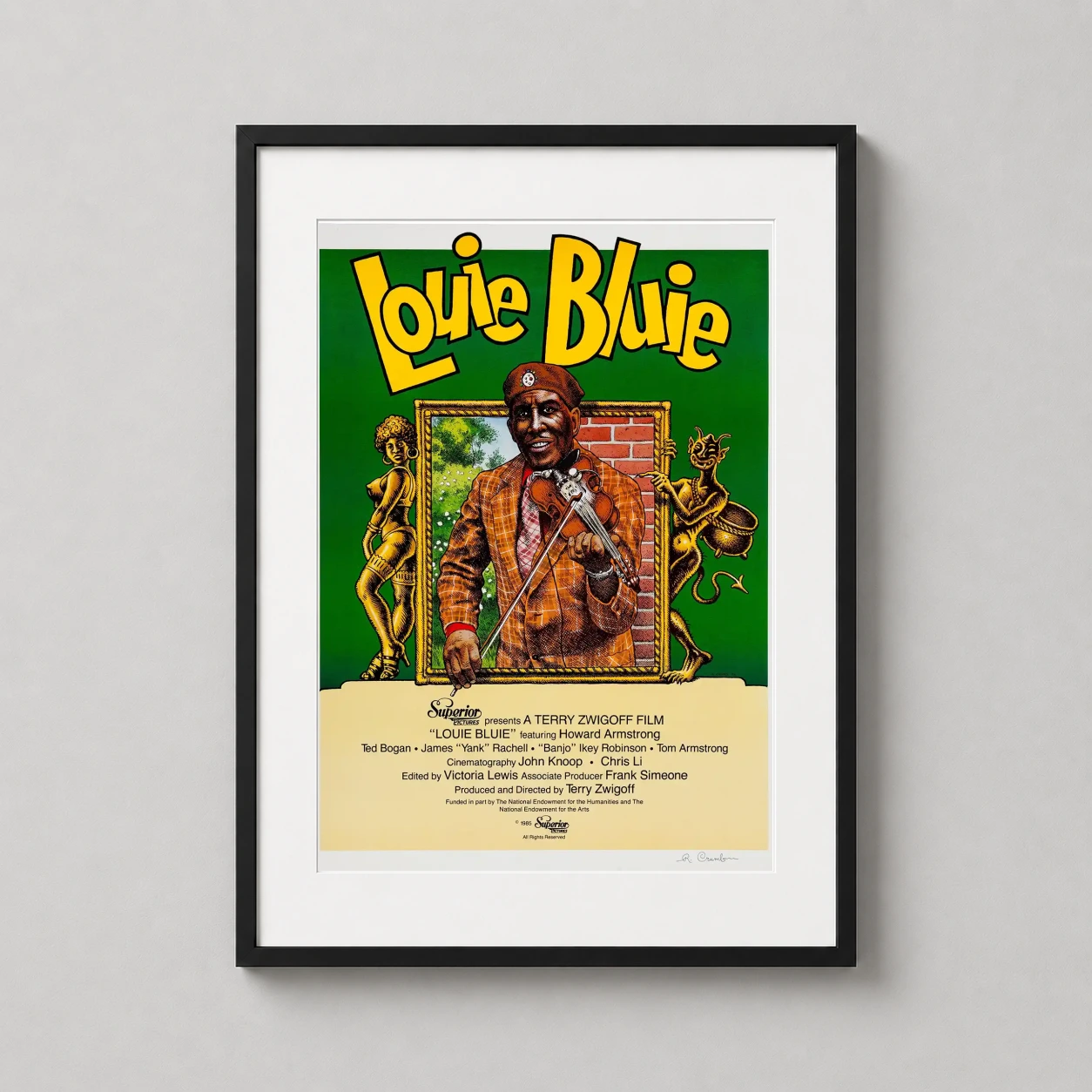 Room mockup of Louie Bluie ft. Howard Armstrong Documentary Movie Poster, displayed as framed wall art in a home theater setting as a portrait print with green and yellow tones.