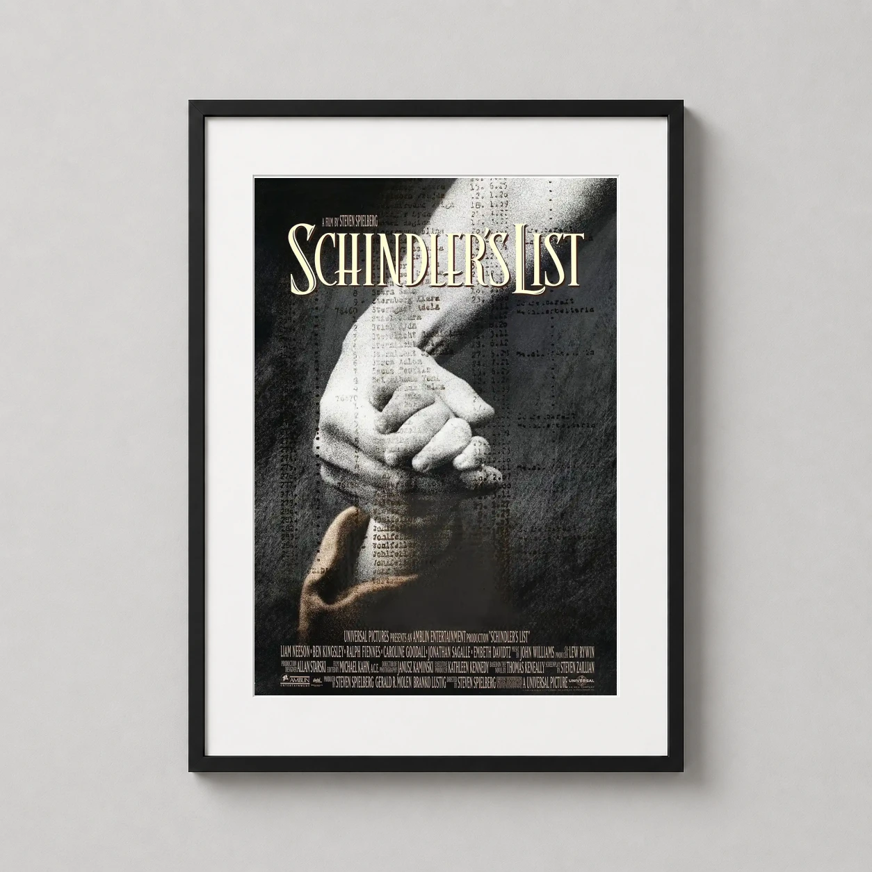 Schindler's List — striking monochromatic movie poster for Schindler's List featuring two