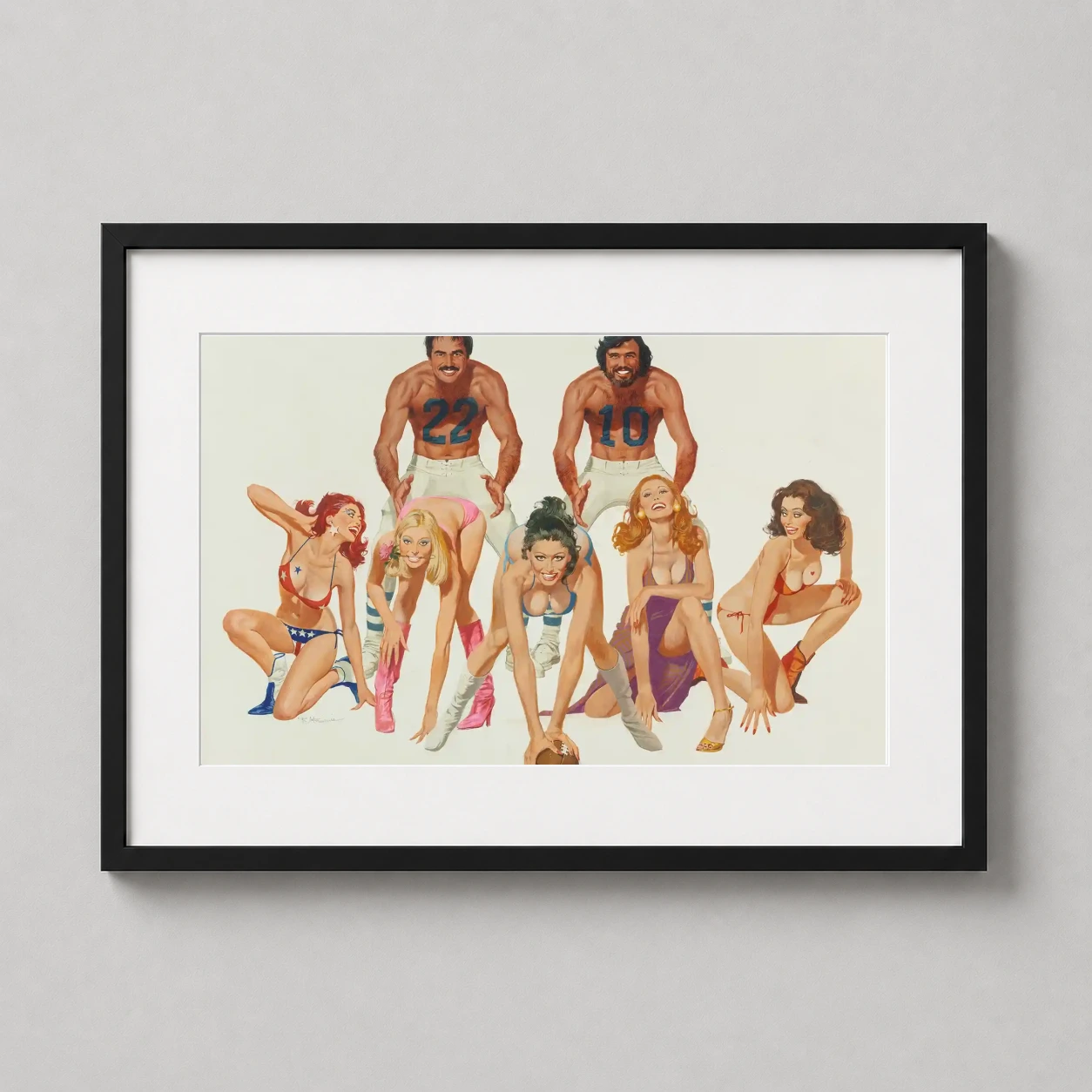 Room mockup of Semi-Tough 1977 Burt Reynolds Retro Movie Poster, displayed as framed wall art in a home theater setting as a landscape print with gold tones.