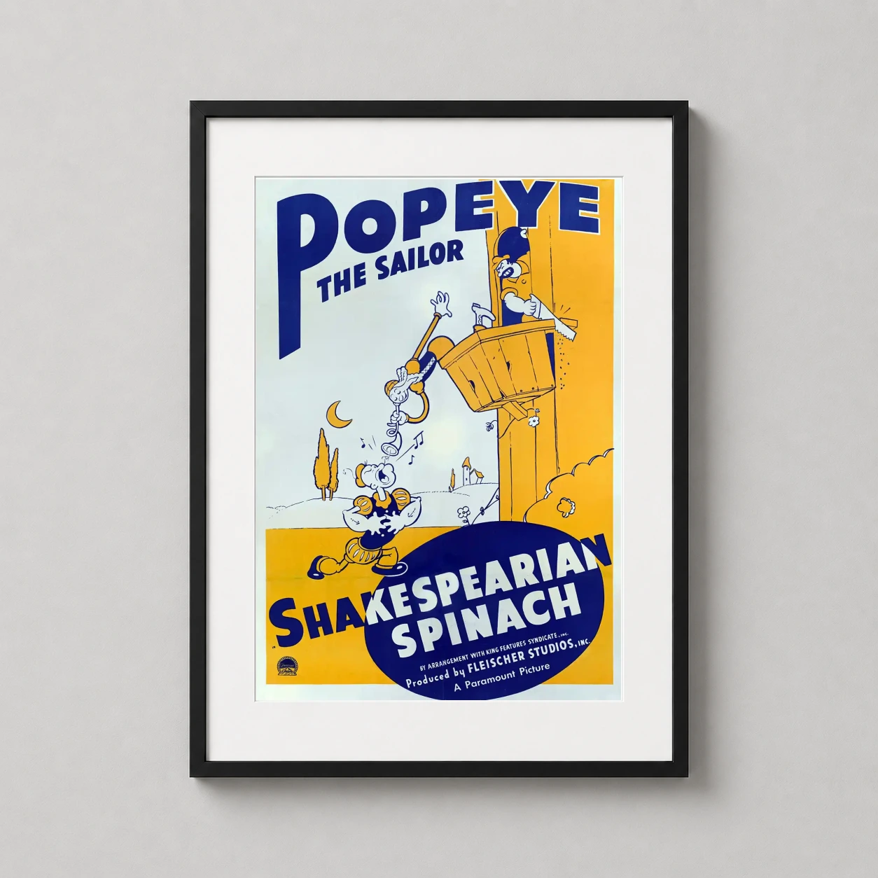 Shakespearian Spinach — popeye the Sailor performs in Shakespearian garb while Bluto saws at
