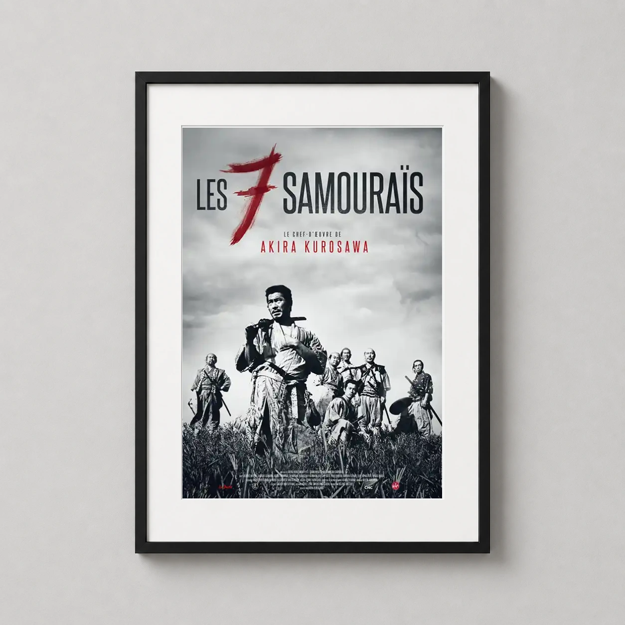 Seven Samurai — dramatic black and white vintage movie poster for Akira Kurosawa’s