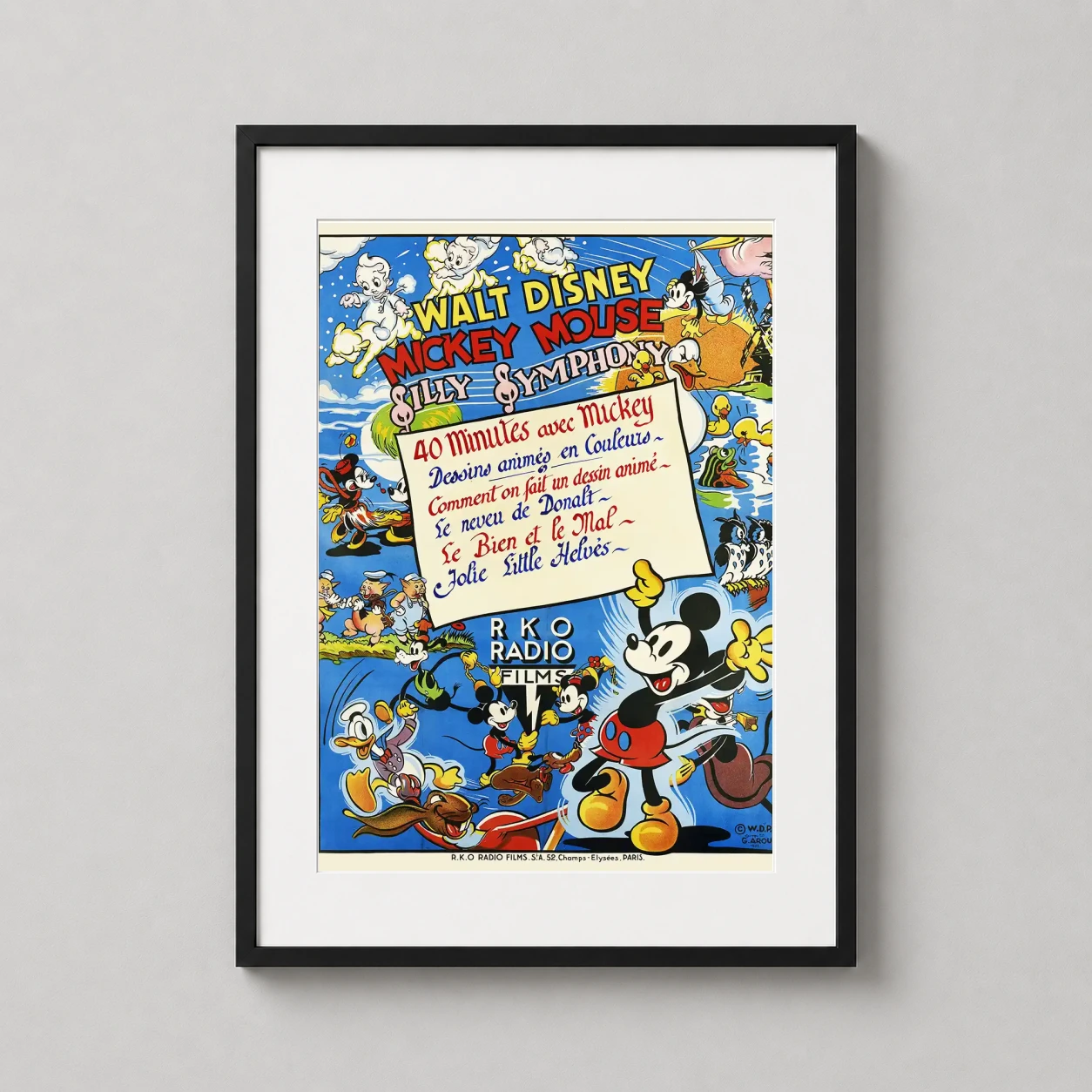 Room mockup of Walt Disney Silly Symphony Mickey Mouse 1938 Vintage Poster Movie Poster, displayed as framed wall art in a home theater setting as a portrait print with blue tones.