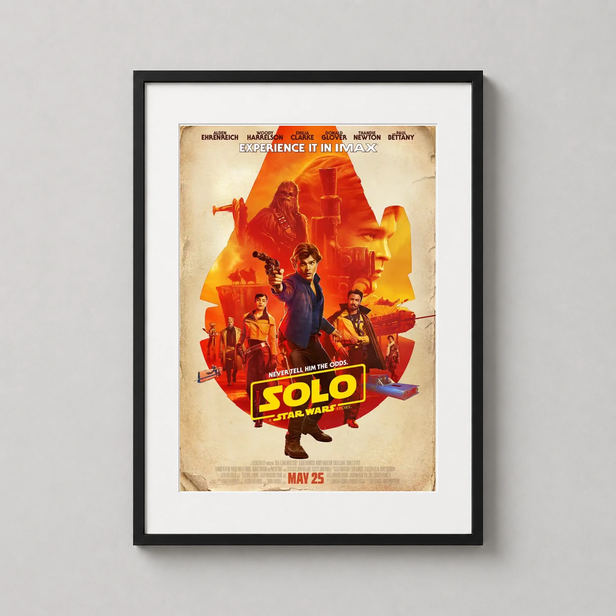 Room mockup of Solo: A Star Wars Story 2018 IMAX Edition Movie Poster, displayed as framed wall art in a home theater setting as a portrait print with gold and orange tones.