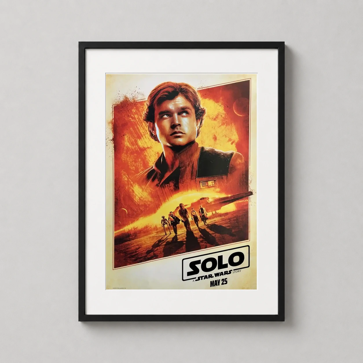 Room mockup of Solo, A Star Wars Story Han Solo Movie Poster, displayed as framed wall art in a home theater setting as a portrait print with yellow, orange, and red tones.