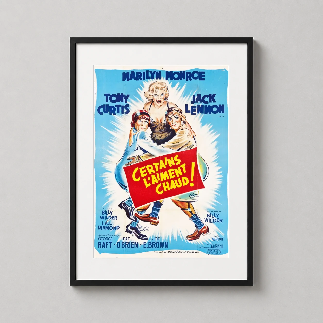 Room mockup of Some Like It Hot French Vintage Cinema Movie Poster, displayed as framed wall art in a home theater setting as a portrait print with blue and white tones.
