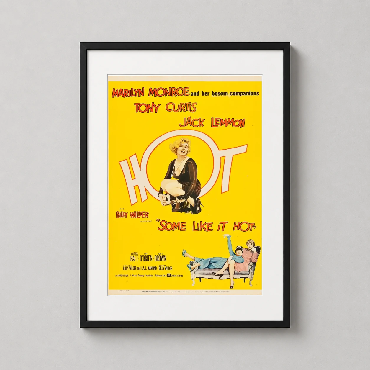 Some Like It Hot — vibrant yellow 1959 film poster featuring Marilyn Monroe with a ukulele