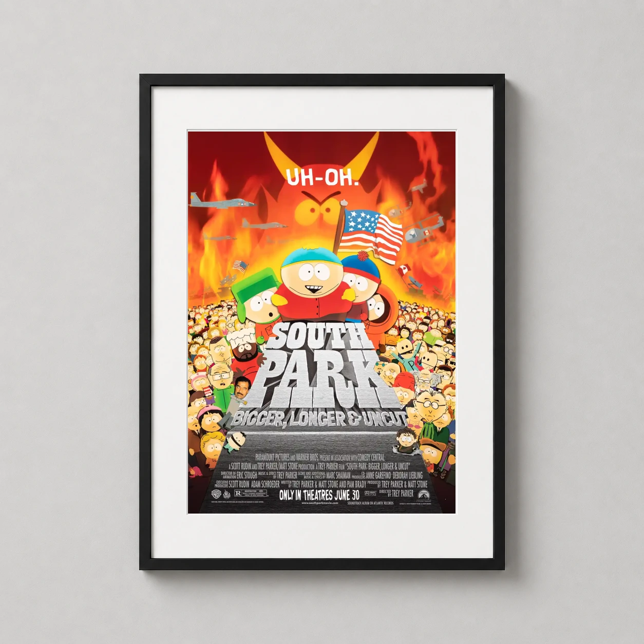 South Park — cartman, Stan, Kyle, and Kenny stand before a massive crowd and a fiery