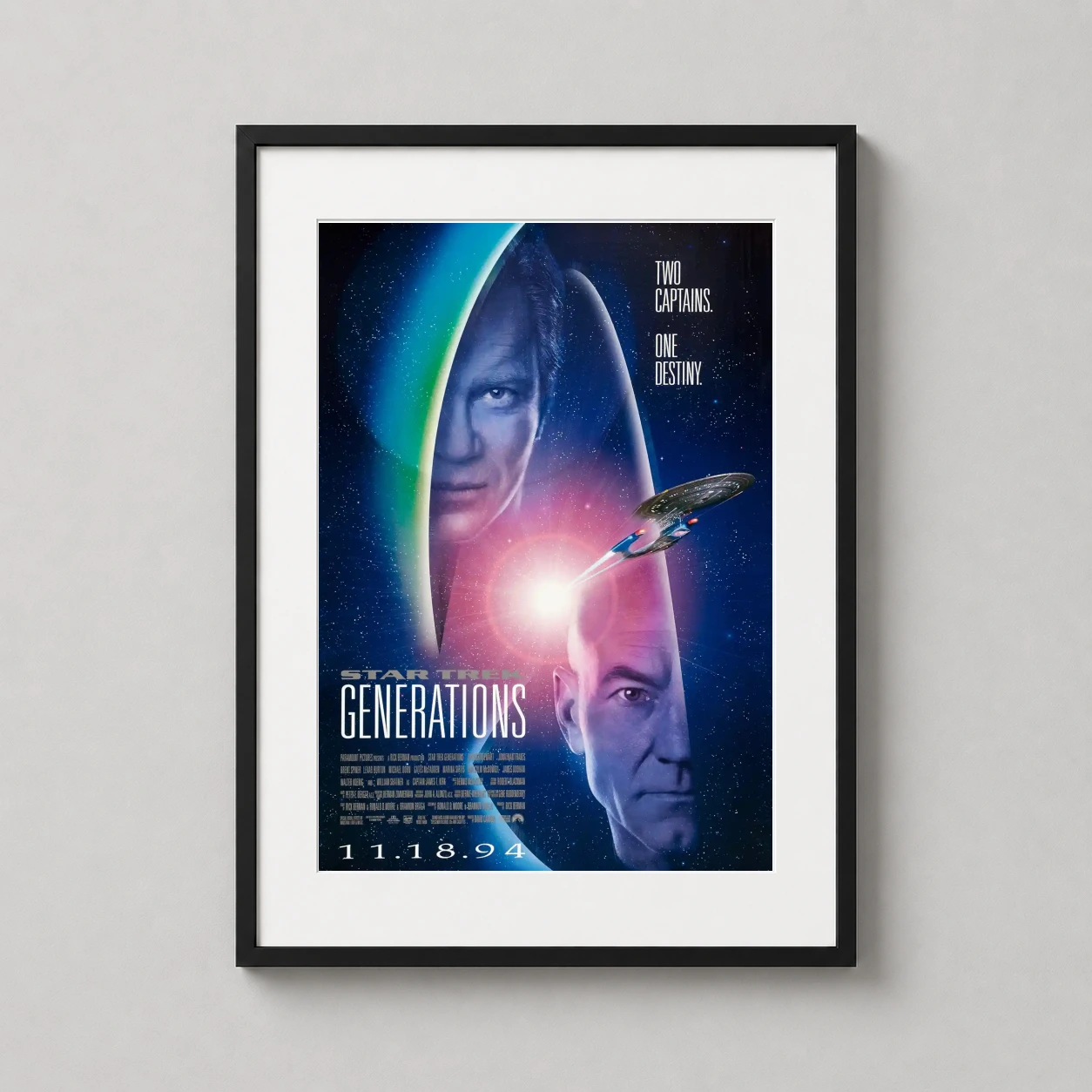 Star Trek Generations — this cinematic art print features Captains Kirk and Picard against a