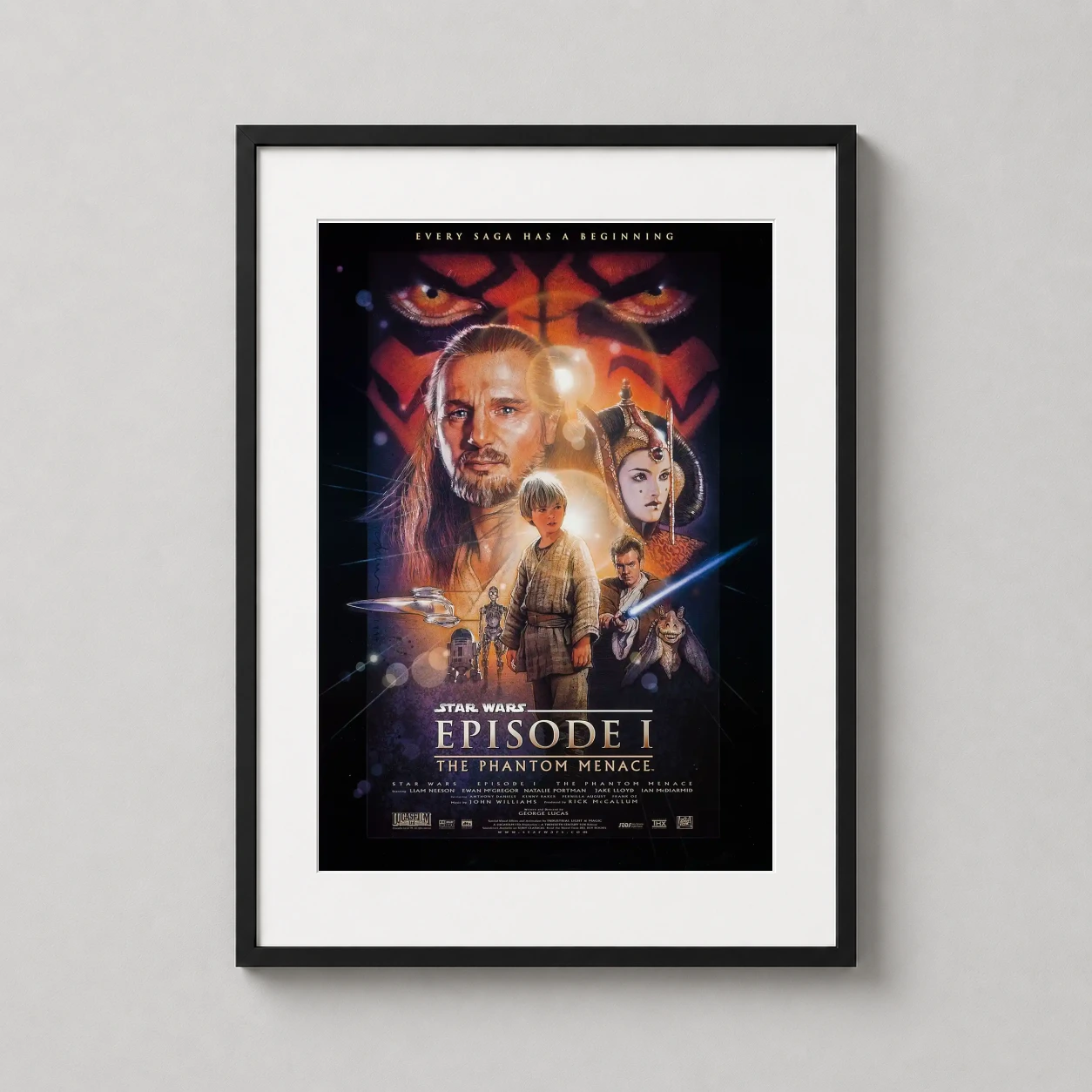 Room mockup of Star Wars Episode I: The Phantom Menace Movie Poster, displayed as framed wall art in a home theater setting as a portrait print with blue tones.