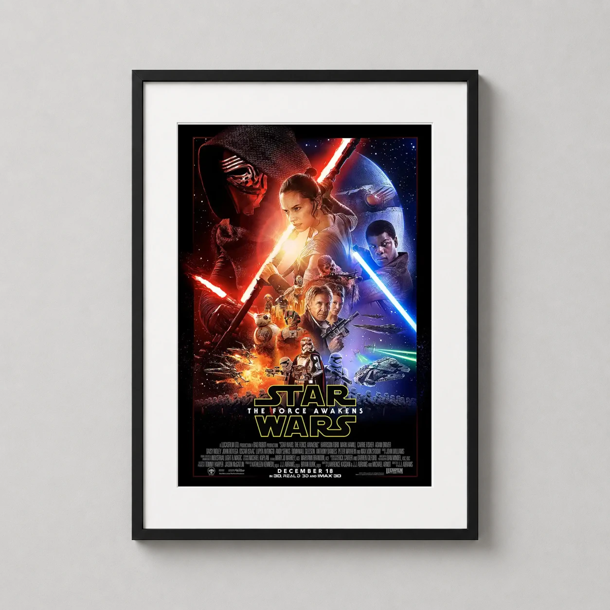 Star Wars Episode Vii the Force Awakens — detailed 2015 cinematic art print featuring Rey, Kylo Ren, Finn, and
