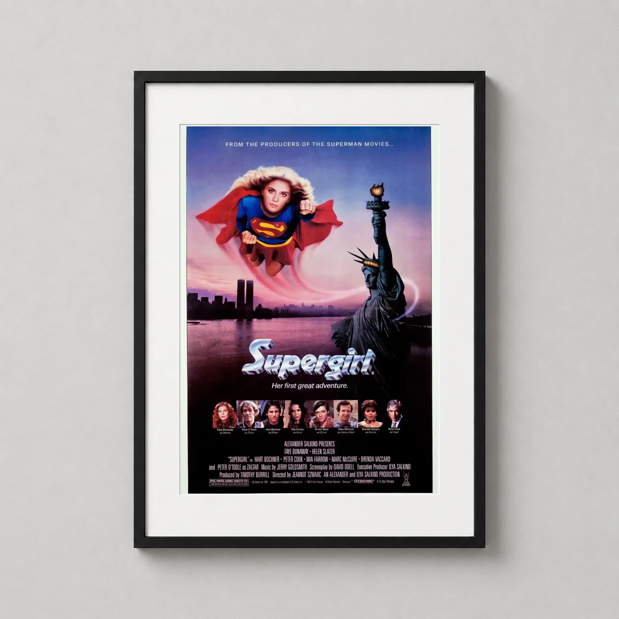 Supergirl — vibrant 1984 Supergirl movie poster featuring Helen Slater flying over