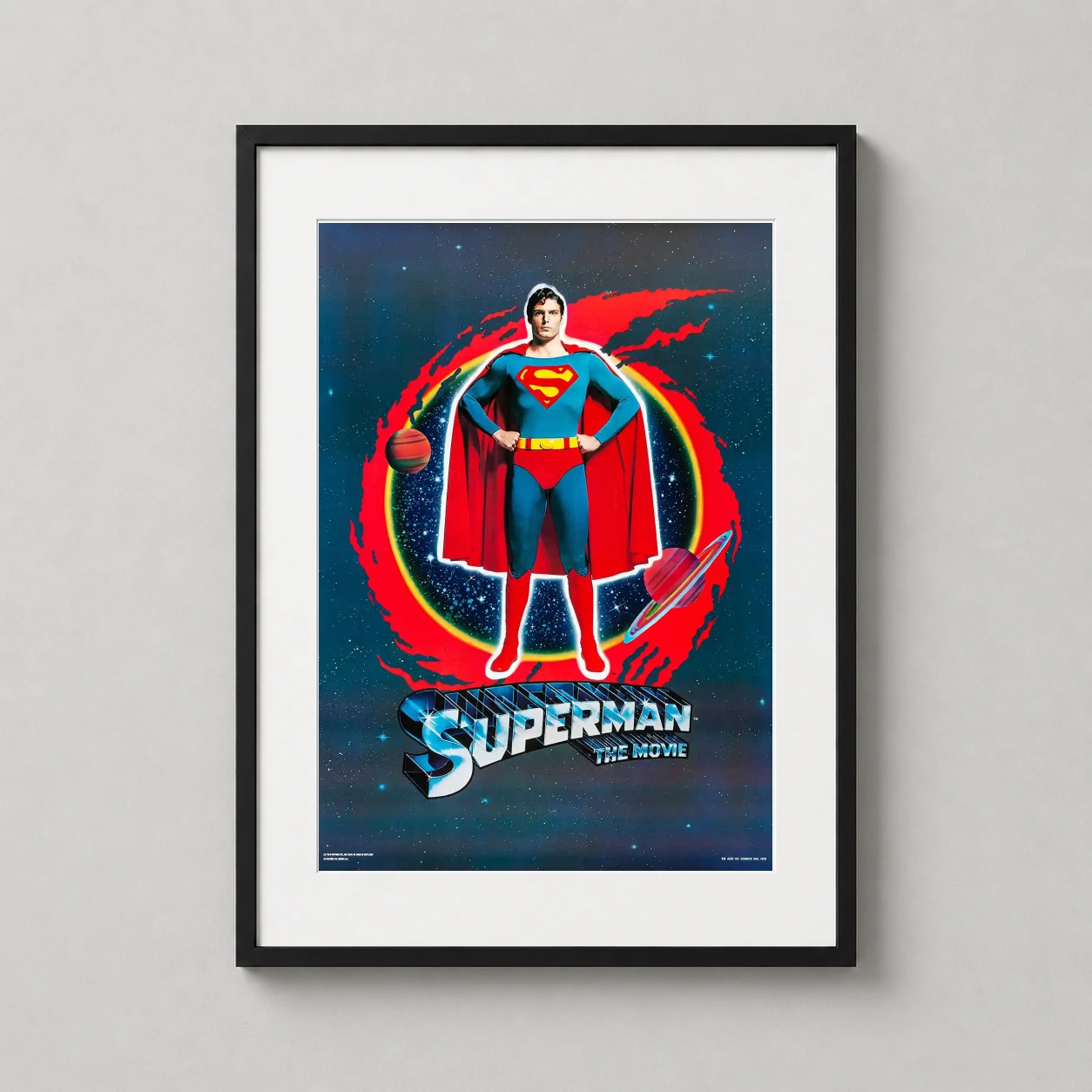 Christopher Reeve Superman — heroic Christopher Reeve stands before a cosmic portal and planets in