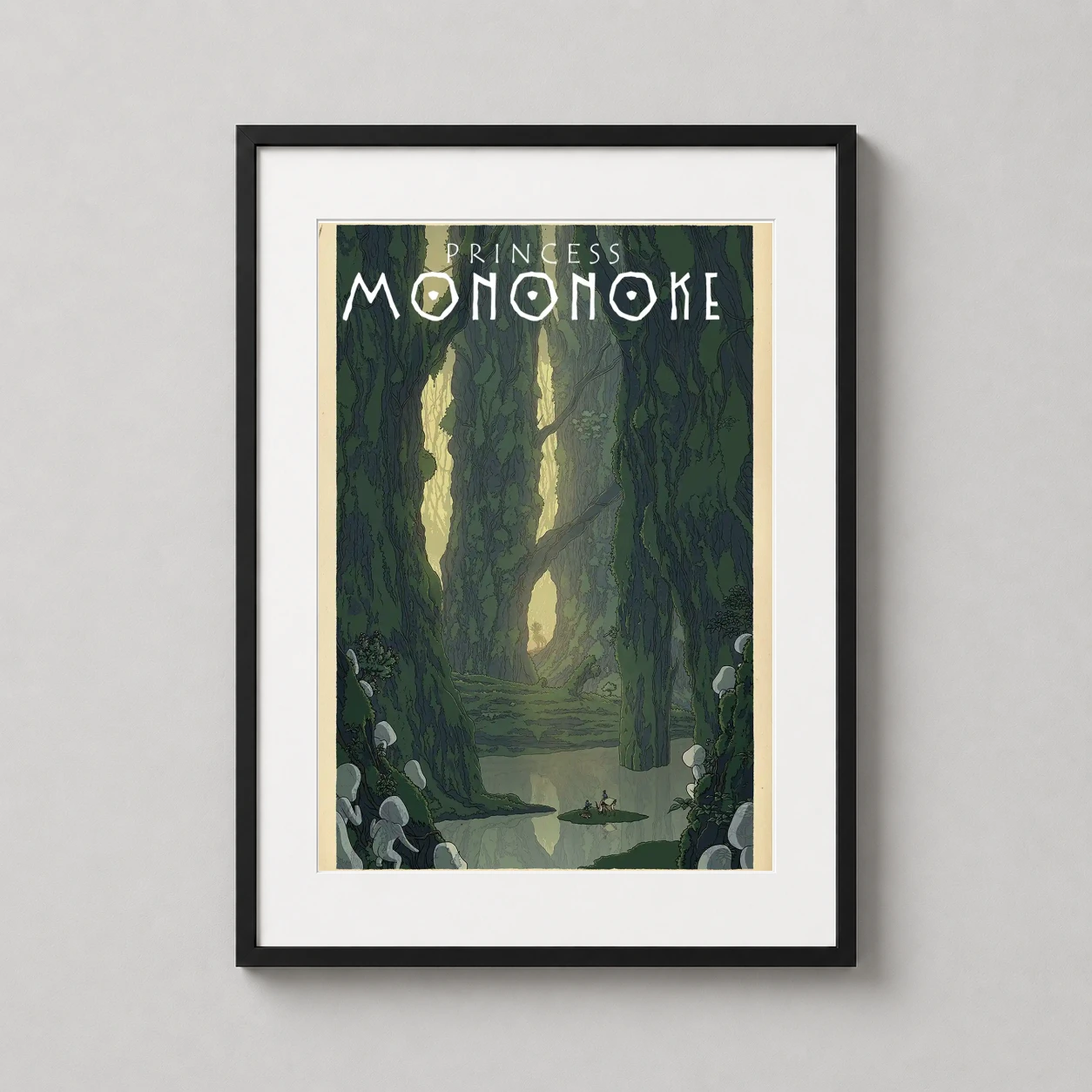 Room mockup of Princess Mononoke Forest Spirit and Kodama Anime Movie Poster, displayed as framed wall art in a home theater setting as a portrait print with gold tones.