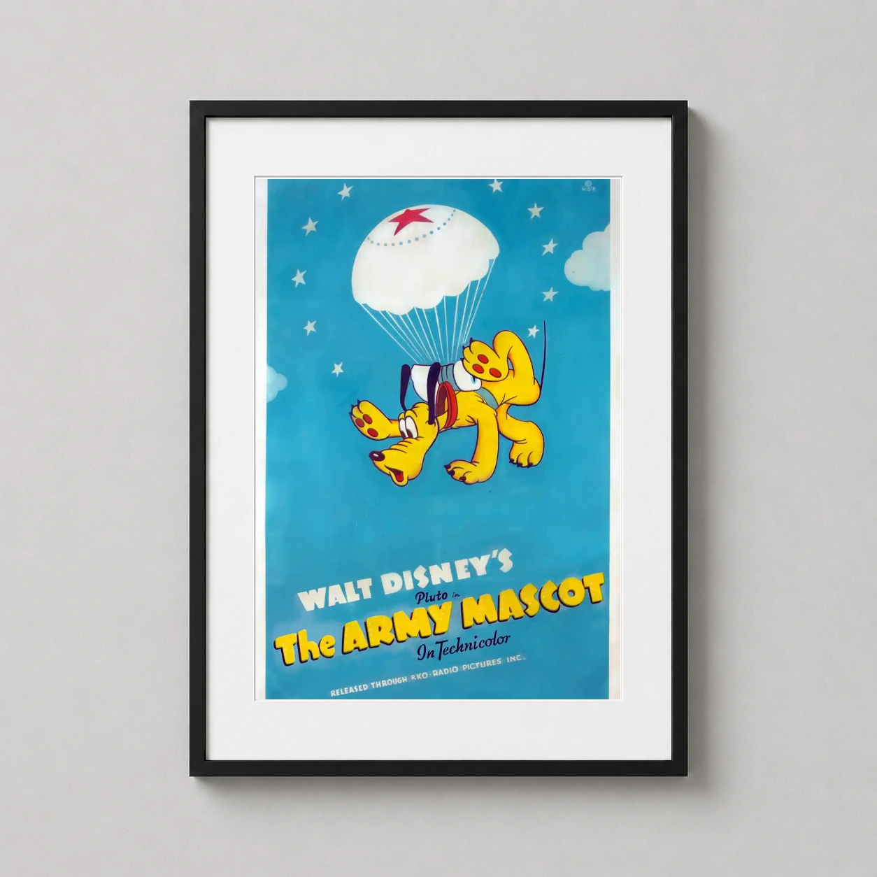 Room mockup of The Army Mascot 1942 Walt Disney Pluto Animated Short Movie Poster, displayed as framed wall art in a home theater setting as a portrait print with blue tones.