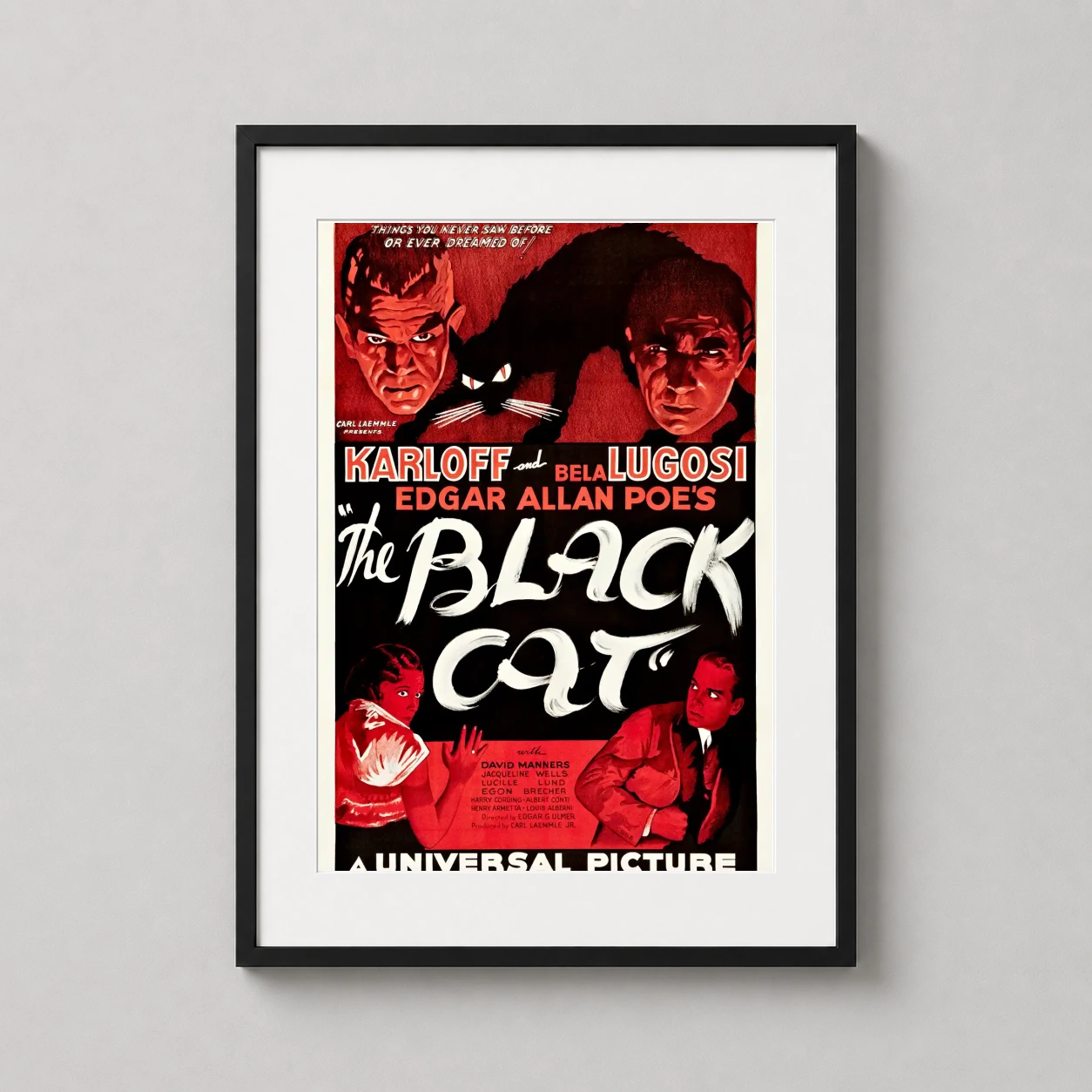 Black Cat 1934 Karloff — vintage horror movie poster featuring Boris Karloff and Bela Lugosi in