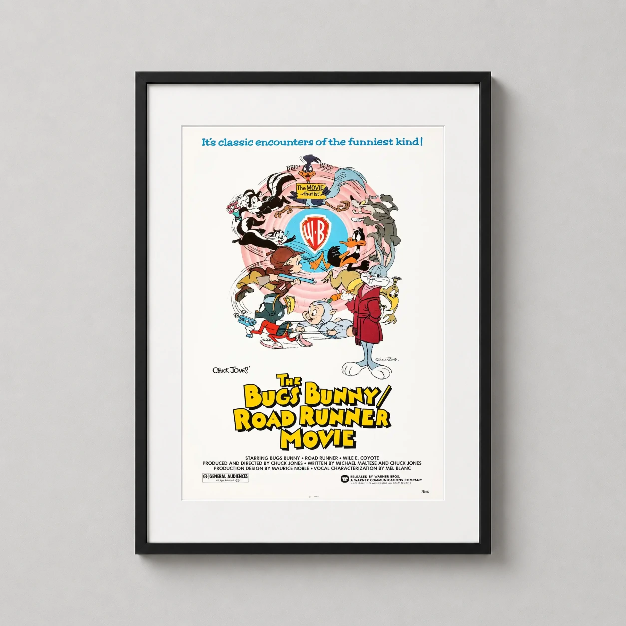 Room mockup of Bugs Bunny/Road Runner Movie 1979 Retro Animation Poster, displayed as framed wall art in a home theater setting as a portrait print.