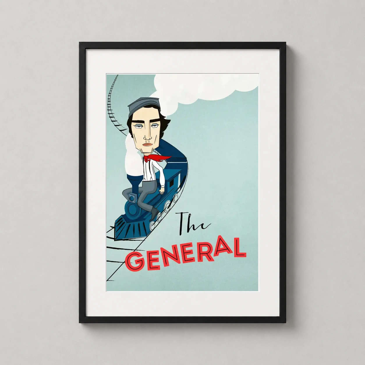 Silent — stylized Buster Keaton caricature riding a blue steam locomotive with