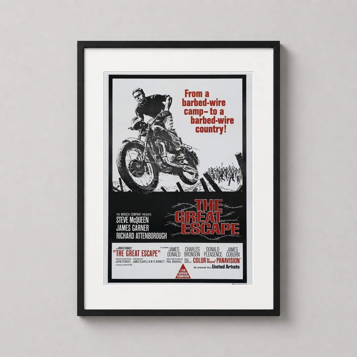 Great Escape 1963 Steve — this vintage film poster captures the iconic motorcycle jump scene from