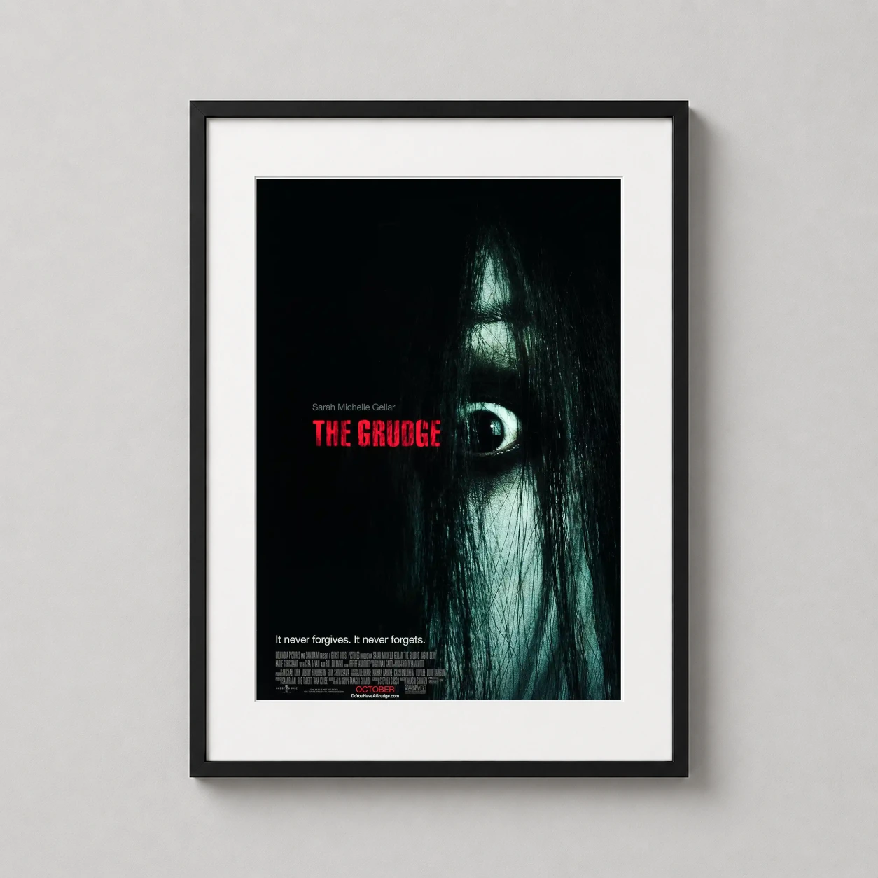 Grudge — chilling close-up featuring a wide, staring eye peering through long
