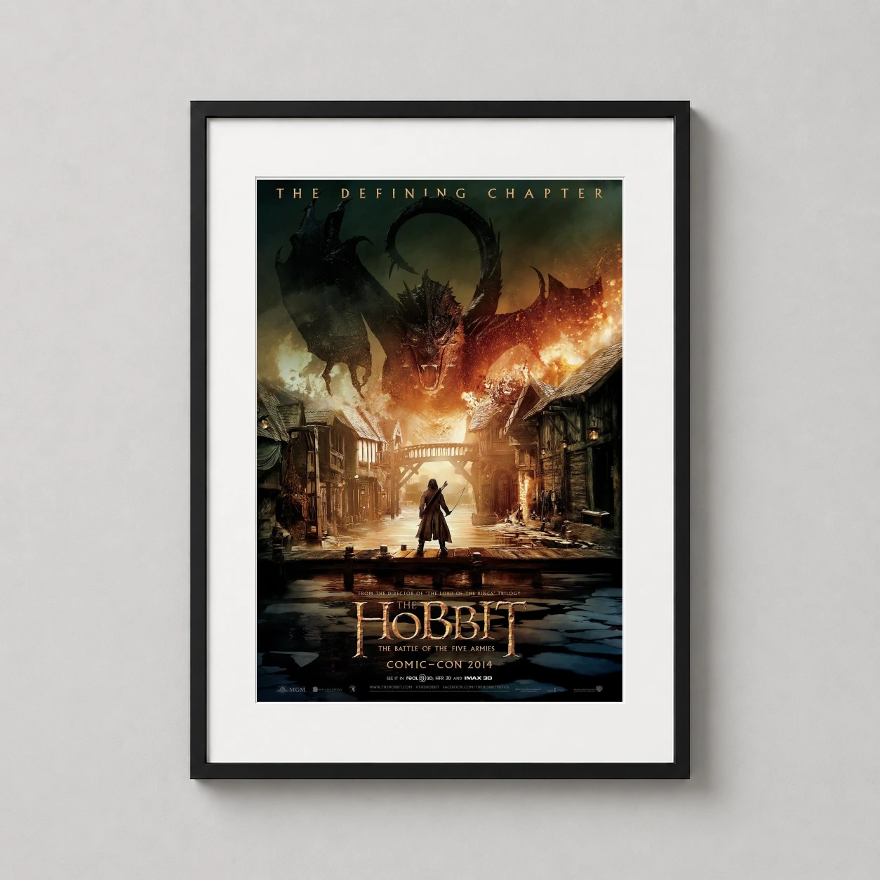 Hobbit — this dramatic artwork features Smaug the dragon towering over a burning