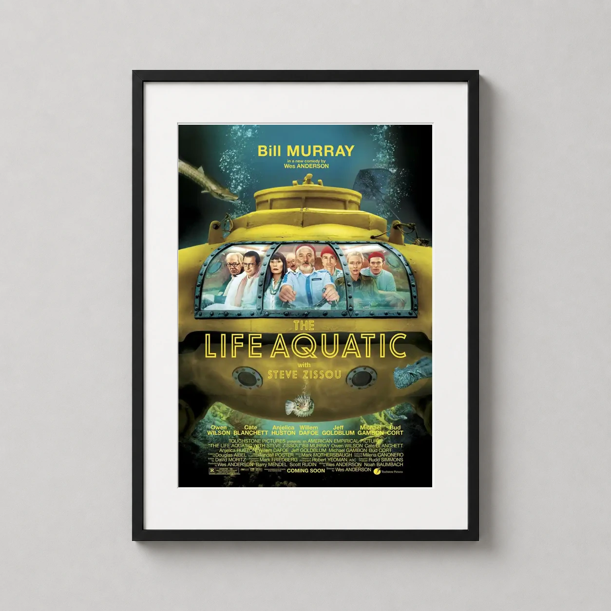 Life Aquatic Steve Zissou — this movie poster features the yellow Belafonte submarine submerged in