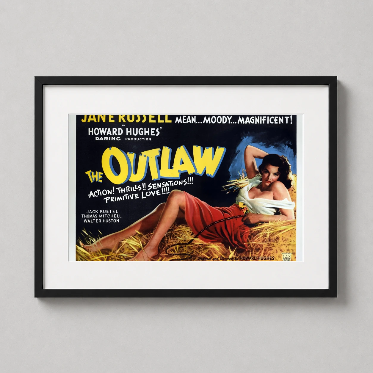 Outlaw Jane Russell — jane Russell reclines in hay in this vintage British quad poster for