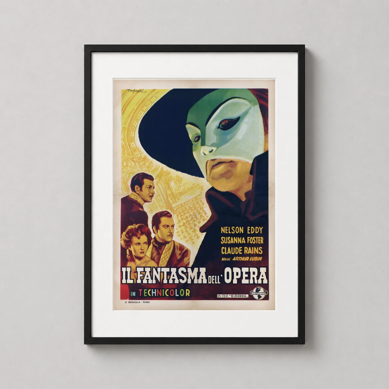 Of the Opera — dramatic 1943 Italian cinema poster featuring the Phantom’s pale mask