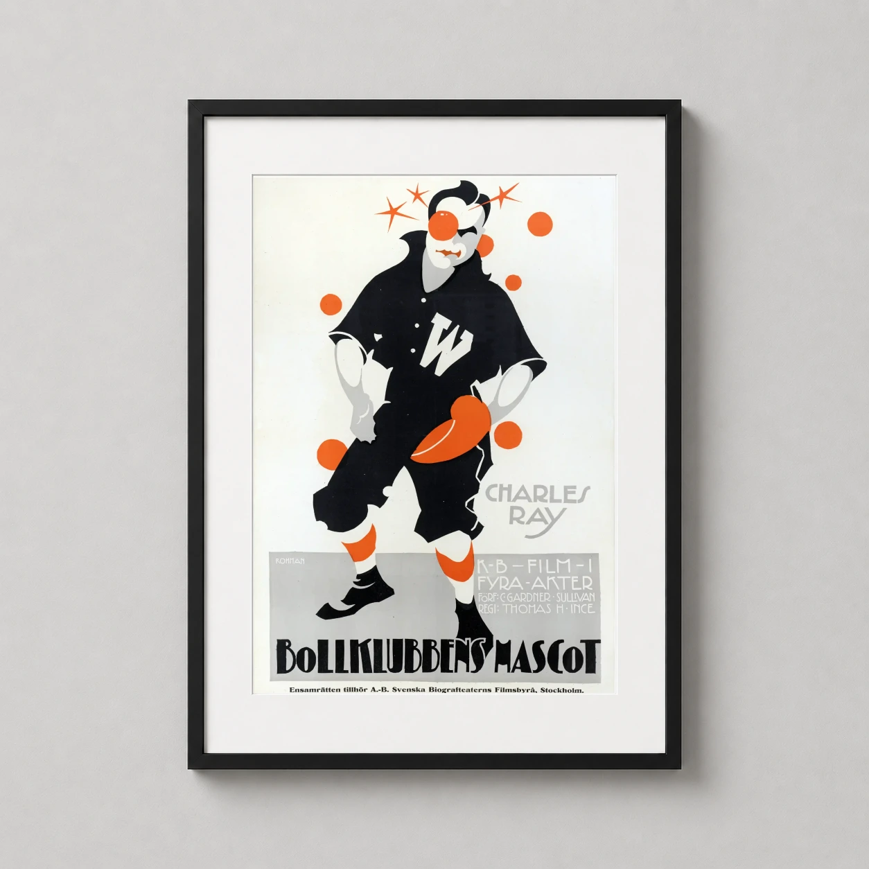 Room mockup of The Pinch Hitter 1919 Swedish Vintage Movie Poster, displayed as framed wall art in a home theater setting as a portrait print with orange, black, and white tones.