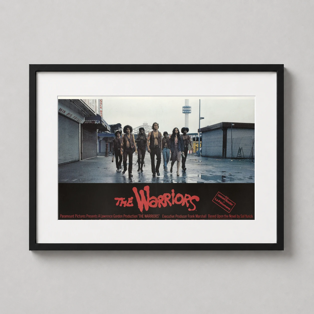 Warriors Coney Island Gang — cinematic still of the Swan and his gang walking through Coney Island