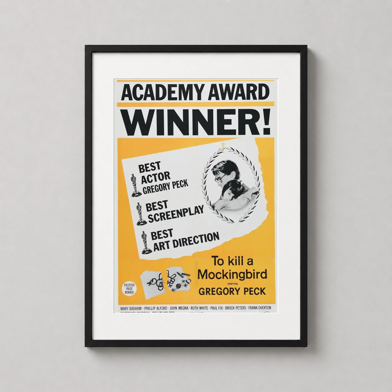 Kill Mockingbird 1962 Academy — vintage yellow movie poster for To Kill a Mockingbird featuring Gregory