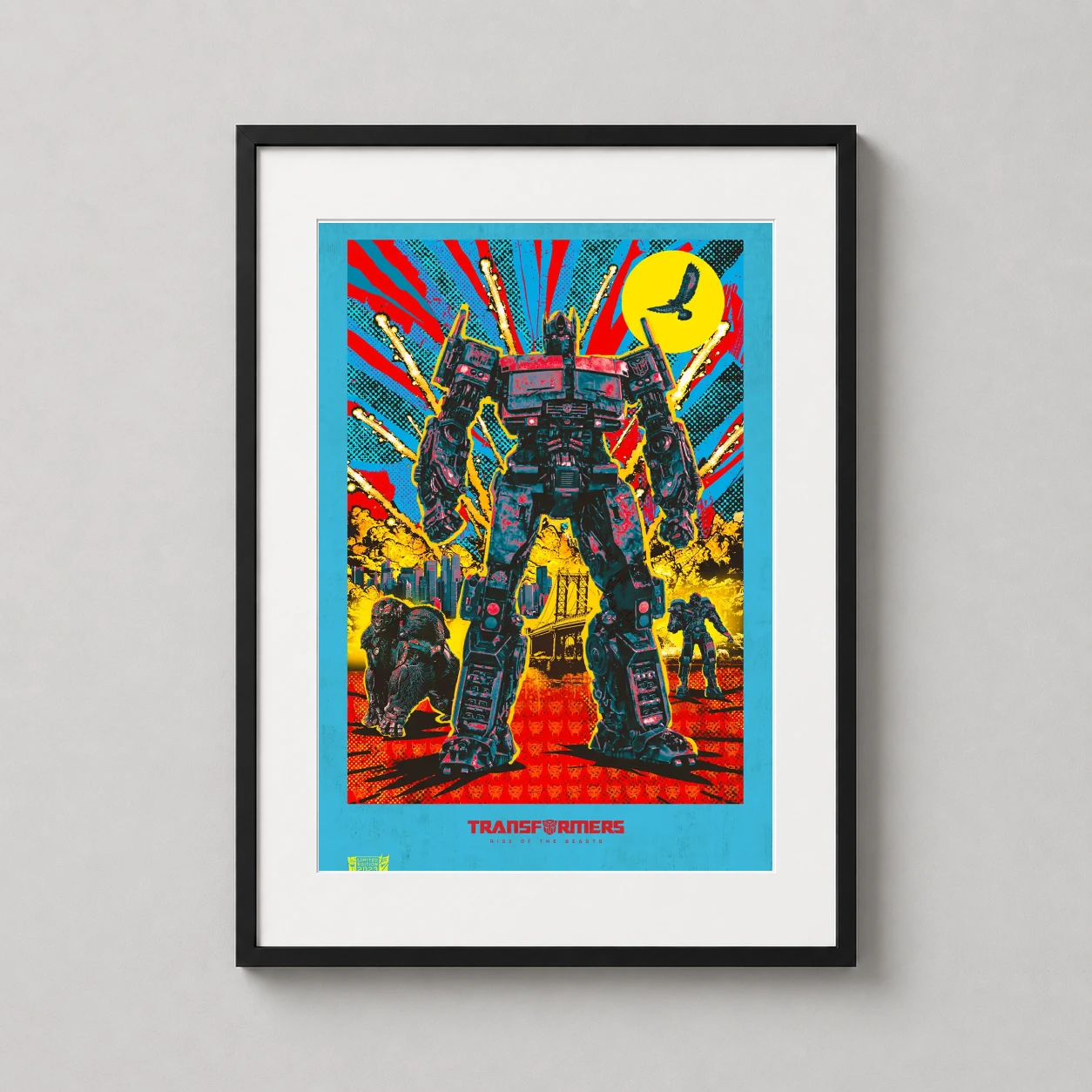 Transformers Rise Beasts 2023 — vibrant, pop-art style depiction of Optimus Prime and Optimus Primal