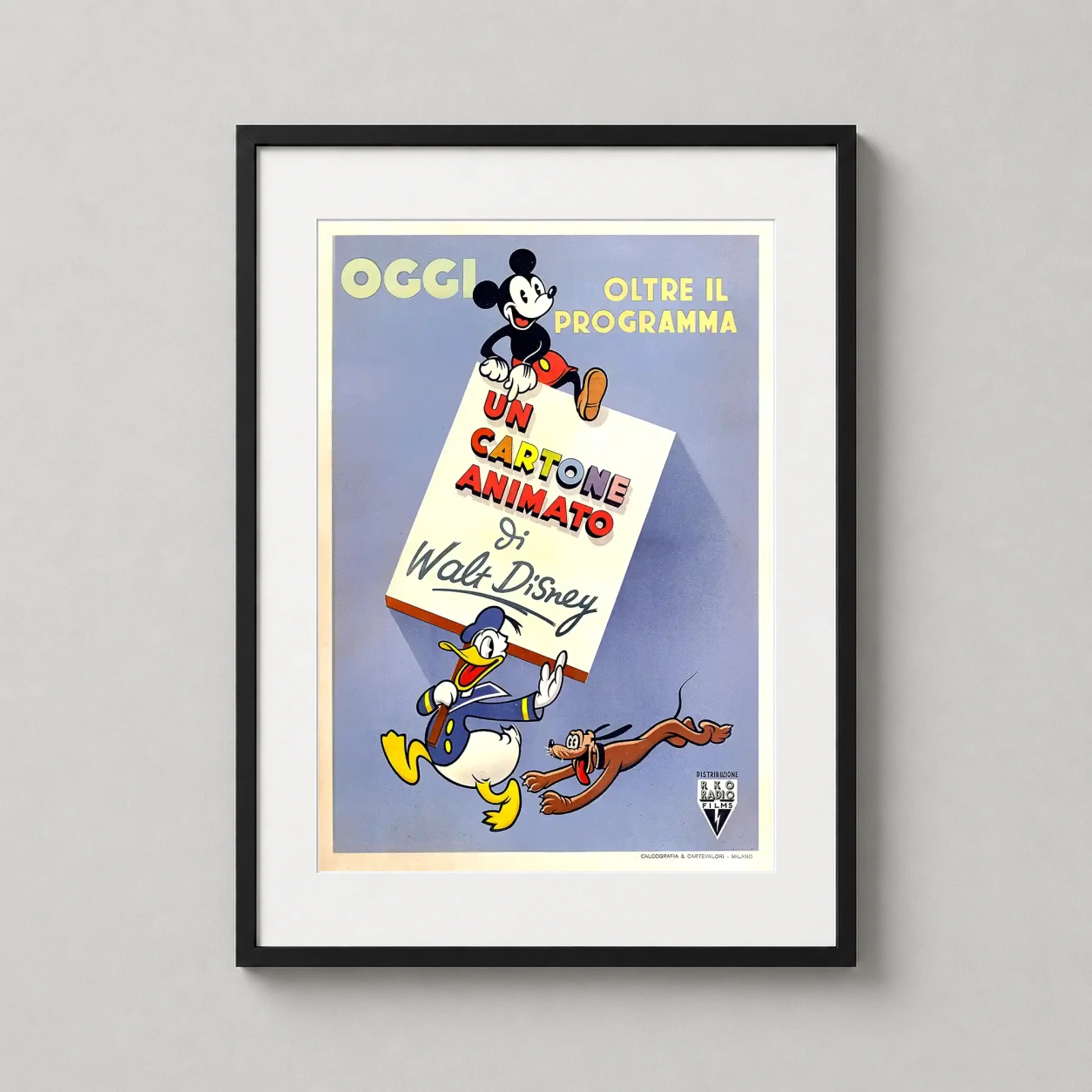 Walt — vibrant 1940s Italian poster featuring Mickey Mouse, Donald Duck, and