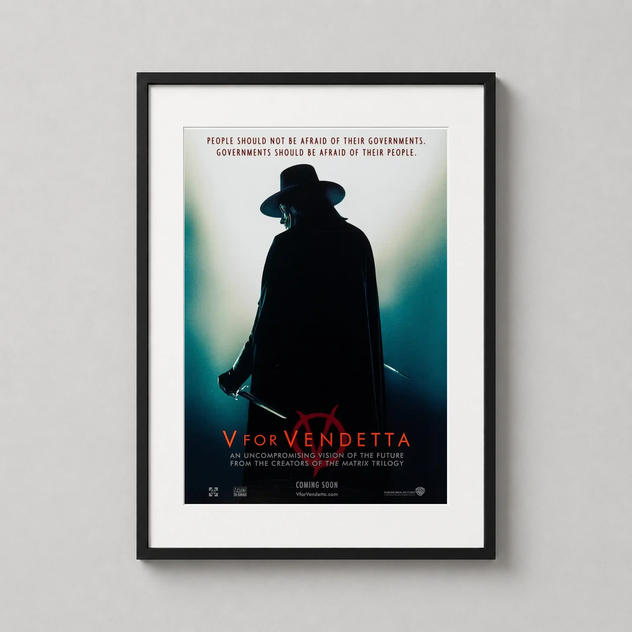 V Vendetta Mask Cloak — this cinematic poster features V in his signature Guy Fawkes mask and
