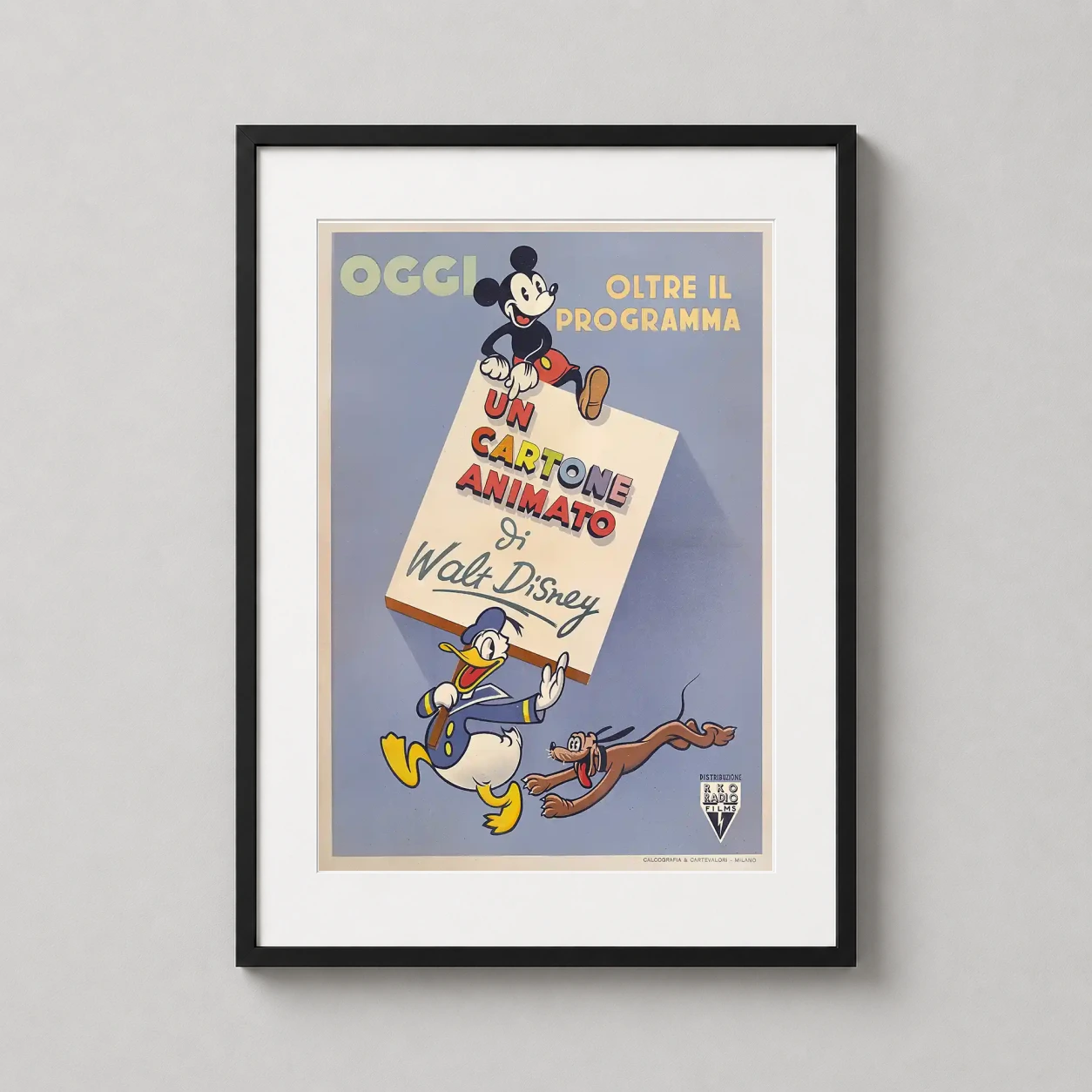 Mickey Mouse and Donald Duck — vibrant 1940s Italian movie poster featuring Mickey Mouse, Donald Duck