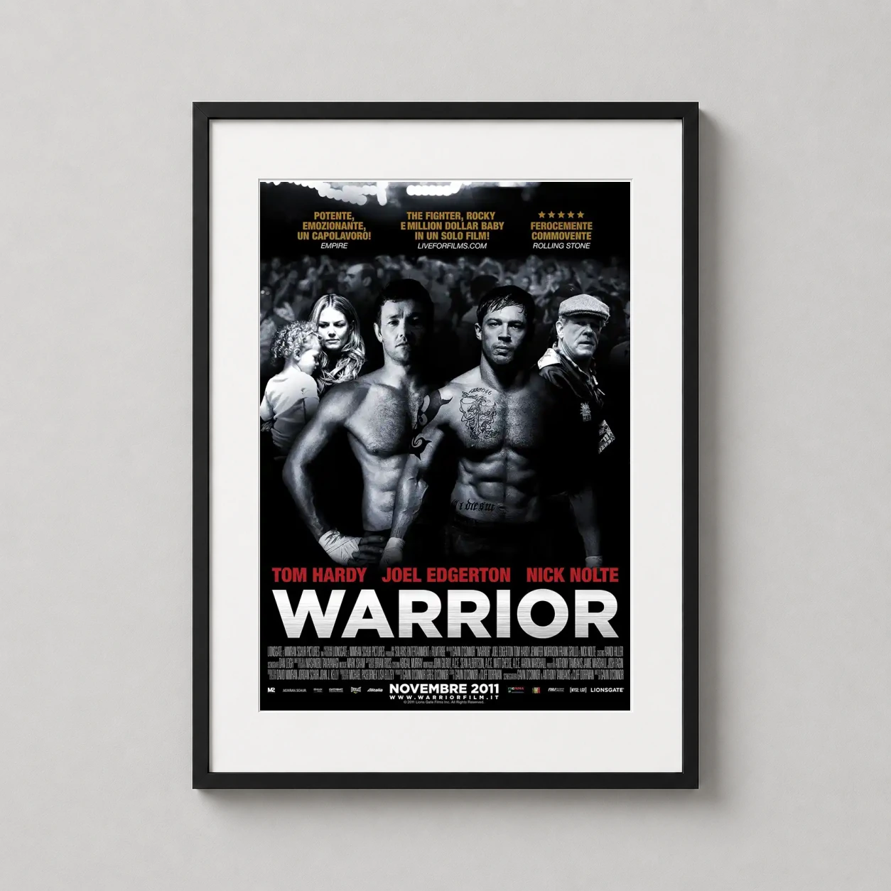 Warrior — black and white cinematic poster for the 2011 film Warrior, featuring
