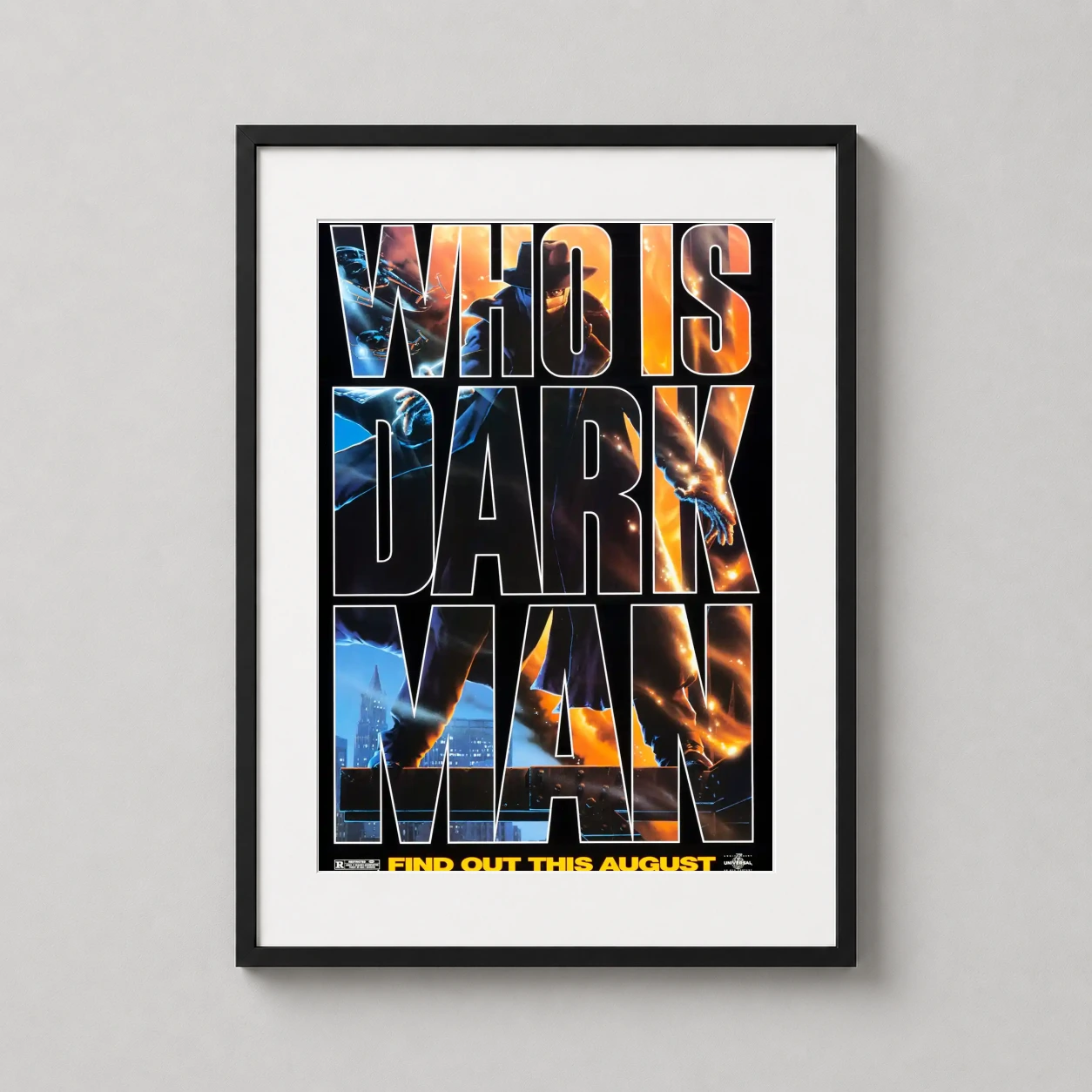 Darkman — dramatic 1990 teaser poster for Sam Raimi's Darkman, featuring bold