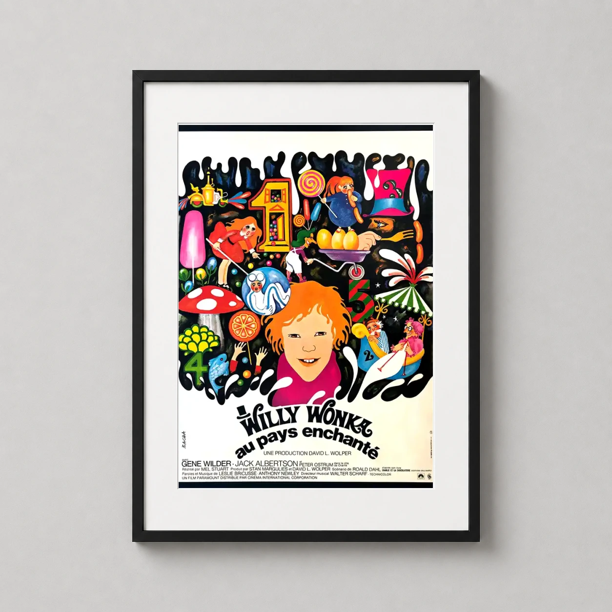 Willy Wonka and the Chocolate Factory Film — psychedelic French movie poster for Willy Wonka featuring a red-haired