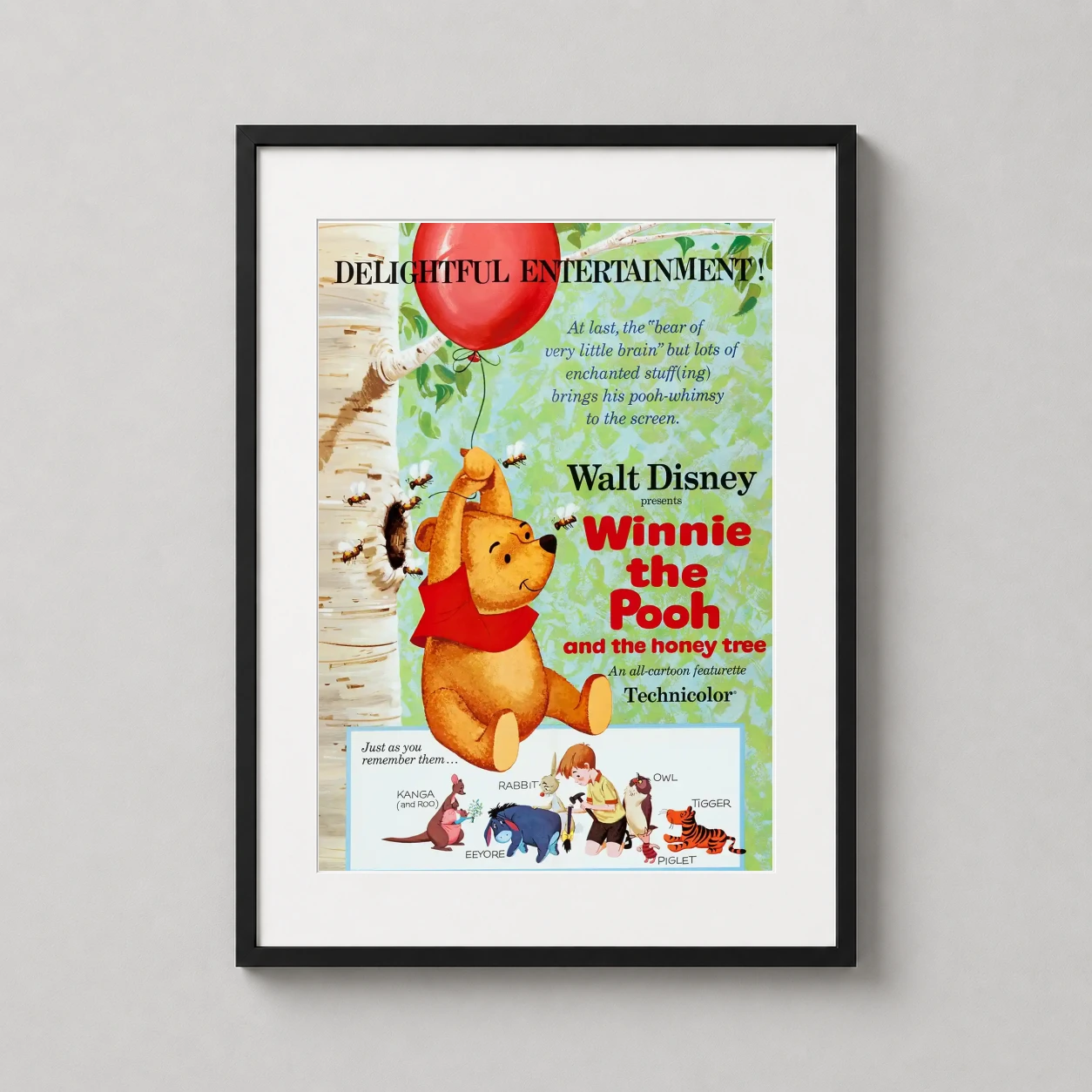 Winnie the Pooh and the Honey Tree — this 1966 Walt Disney movie poster features Winnie the Pooh floating