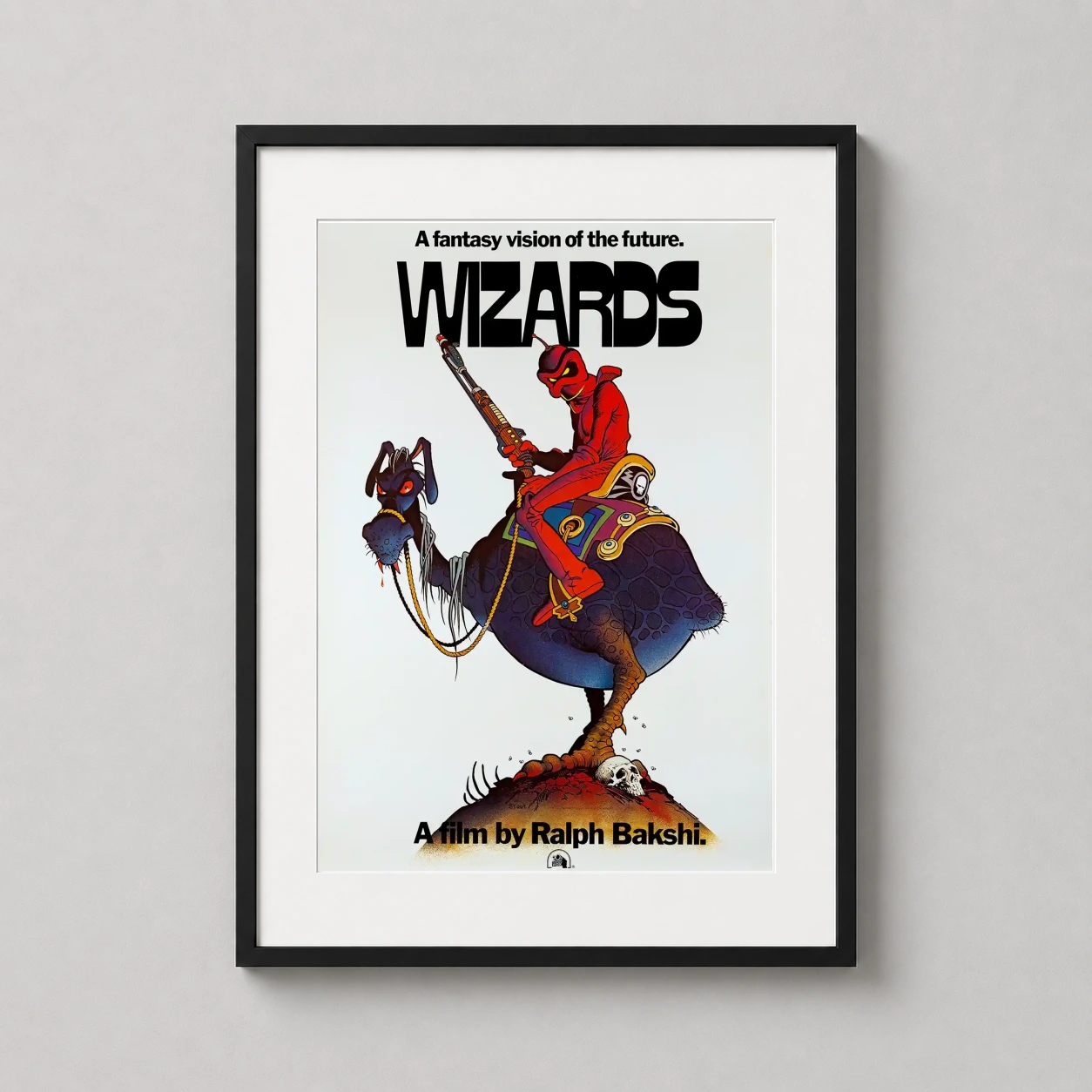 Room mockup of Wizards 1977 Ralph Bakshi Animated Fantasy Movie Poster, displayed as framed wall art in a home theater setting as a portrait print with red and white tones.