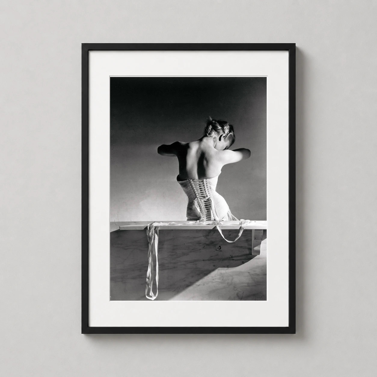 Horst P. Horst Mainbocher — black and white fine art photograph featuring the rear view of a model