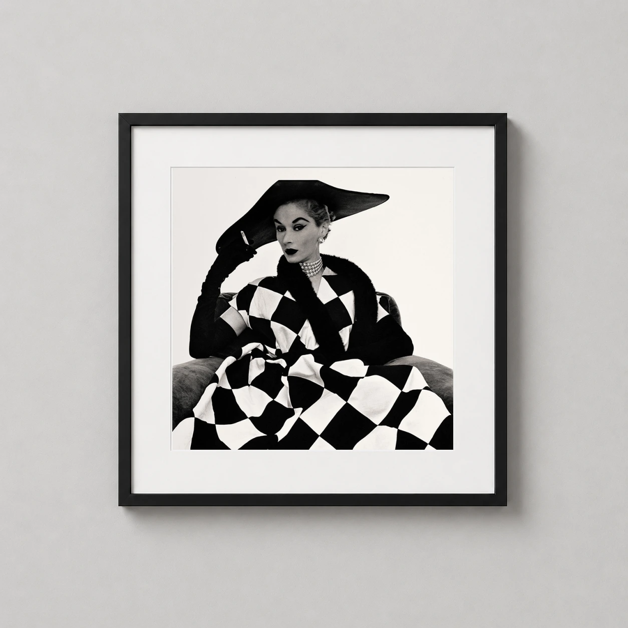 Harlequin Dress Irving Penn — high-contrast black and white fashion photography print featuring Lisa