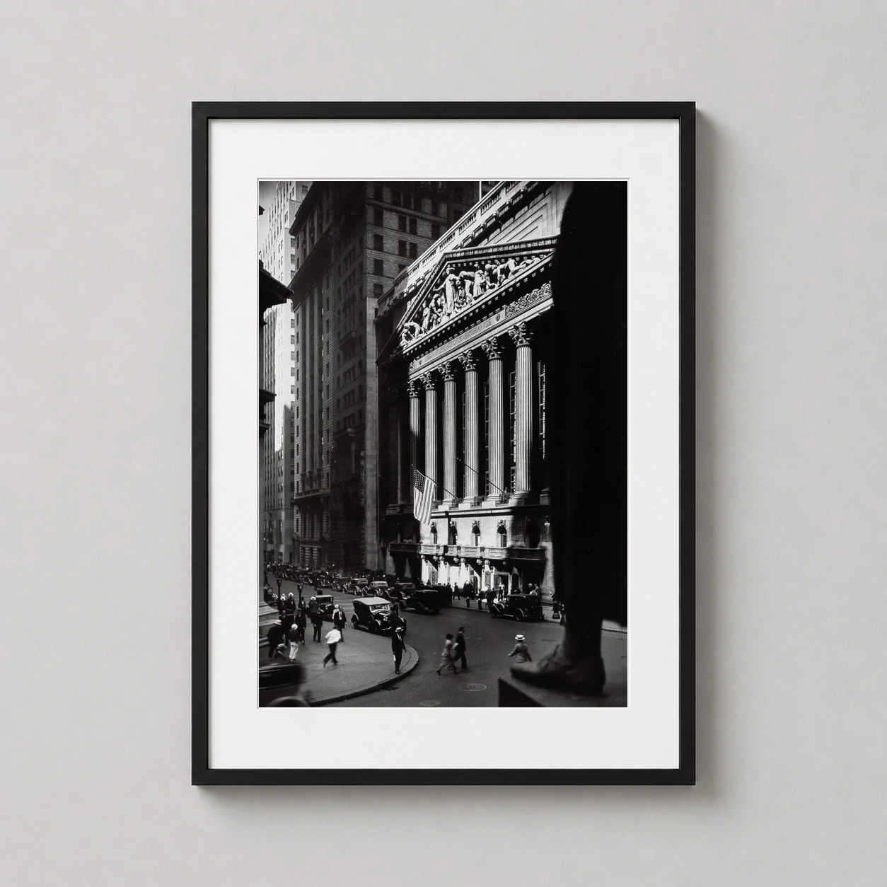 New York Stock Exchange — dramatic black and white photograph by Berenice Abbott capturing the