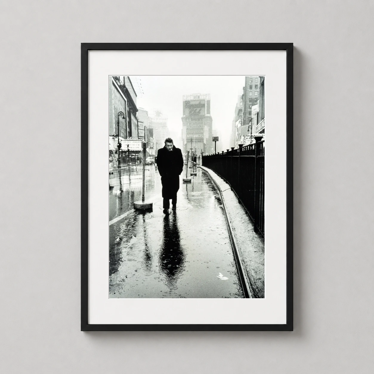 James Dean — black and white photography print capturing James Dean walking through