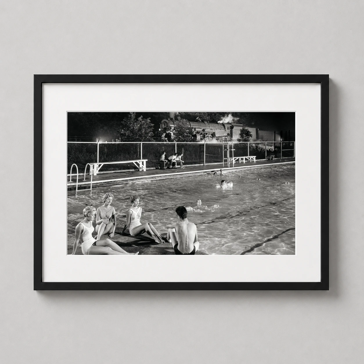 Welch West Virginia Swimming — dramatic black and white photograph featuring a steam locomotive
