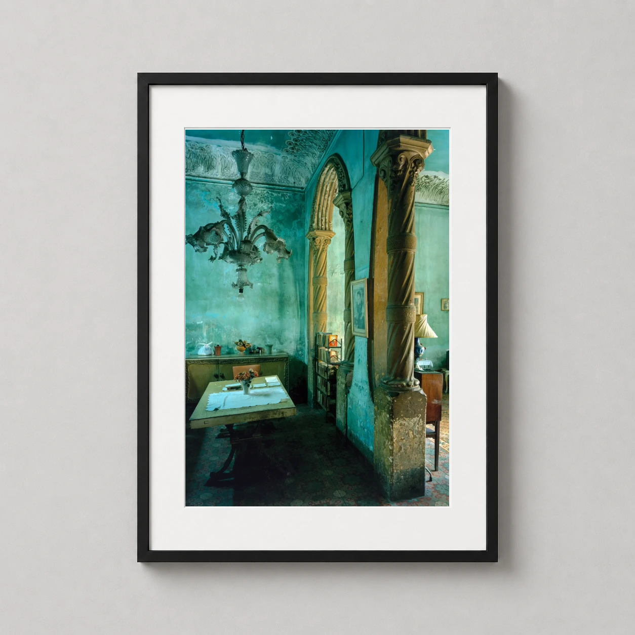 Michael Eastman Dining Cuba Photo — sun-drenched Michael Eastman photograph of a green dining room in Cuba