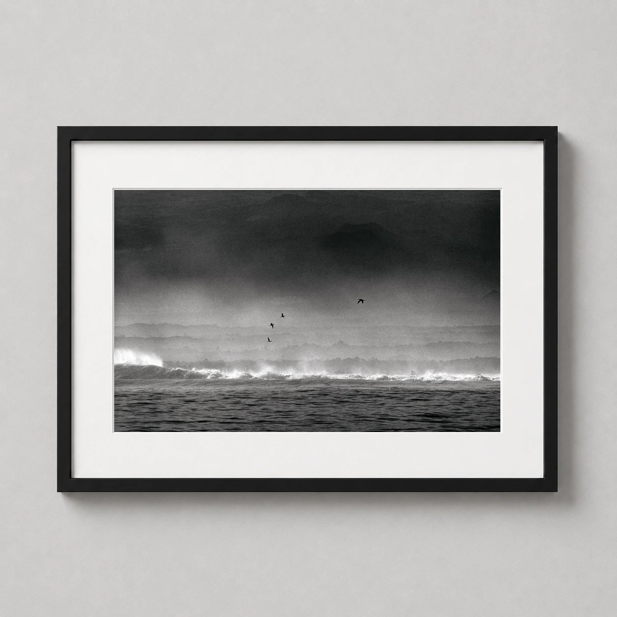 Galapagos Wildlife Sebastiao Salgado — high-contrast black and white photograph of crashing waves and birds in