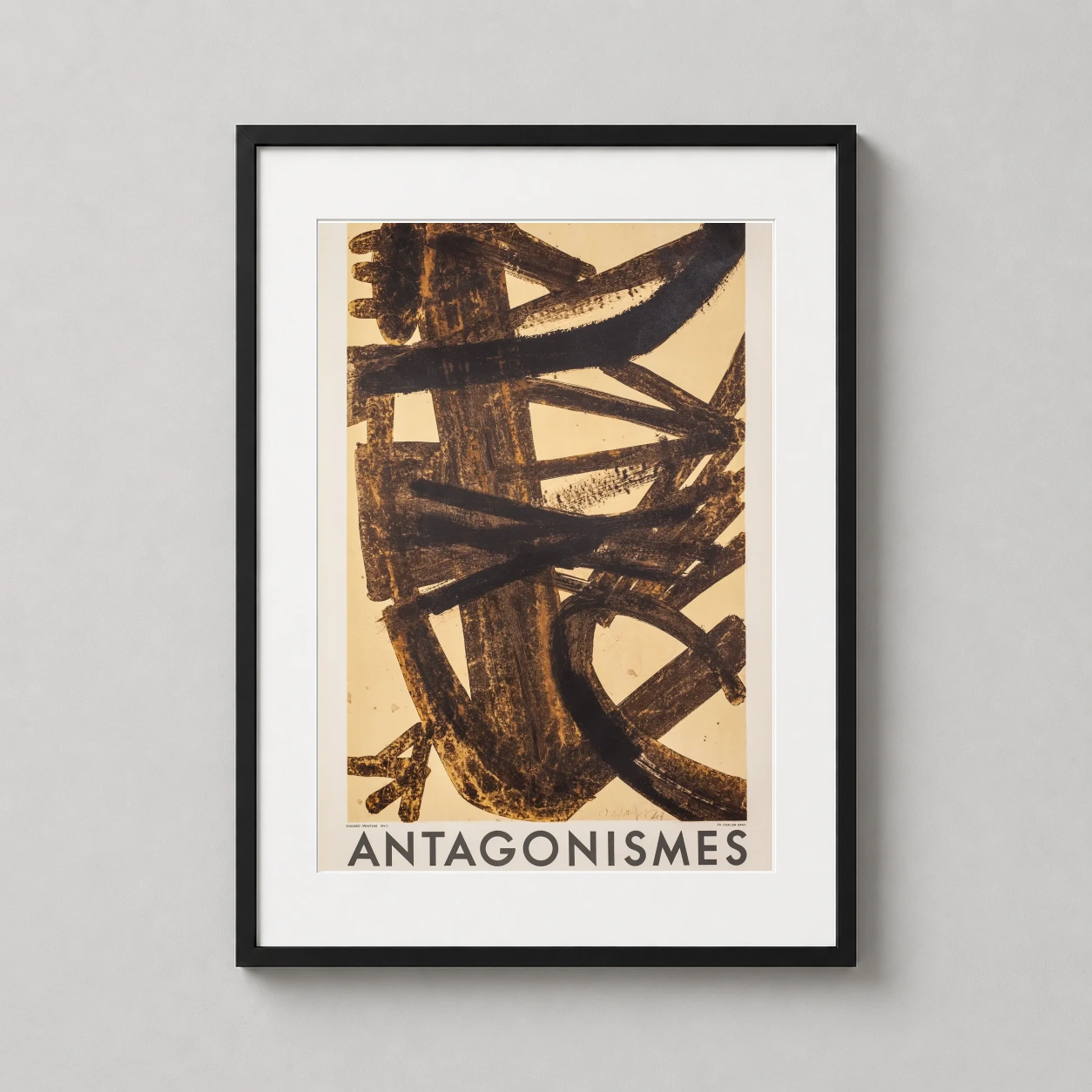 Pierre Soulages Antagonismes — pierre Soulages exhibition poster featuring thick, intersecting black