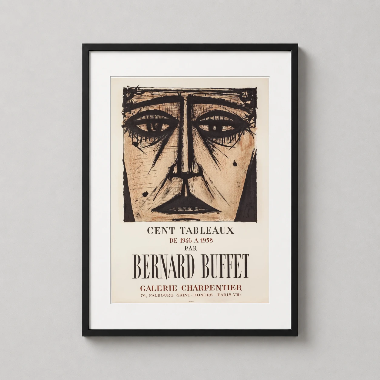 Room mockup of Bernard Buffet, Art Exhibition Poster, Cent Tableaux 1958 Portrait Print, displayed as framed wall art in a living room setting as a portrait print.
