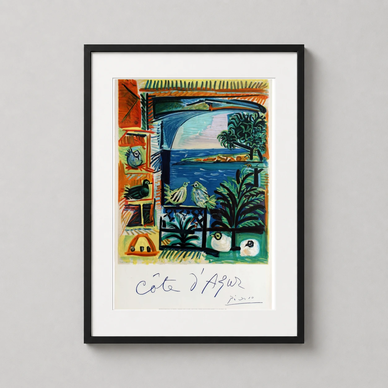 Pablo Picasso Côte D'azur — vibrant coastal scene with birds, lush palm fronds, and the sparkling