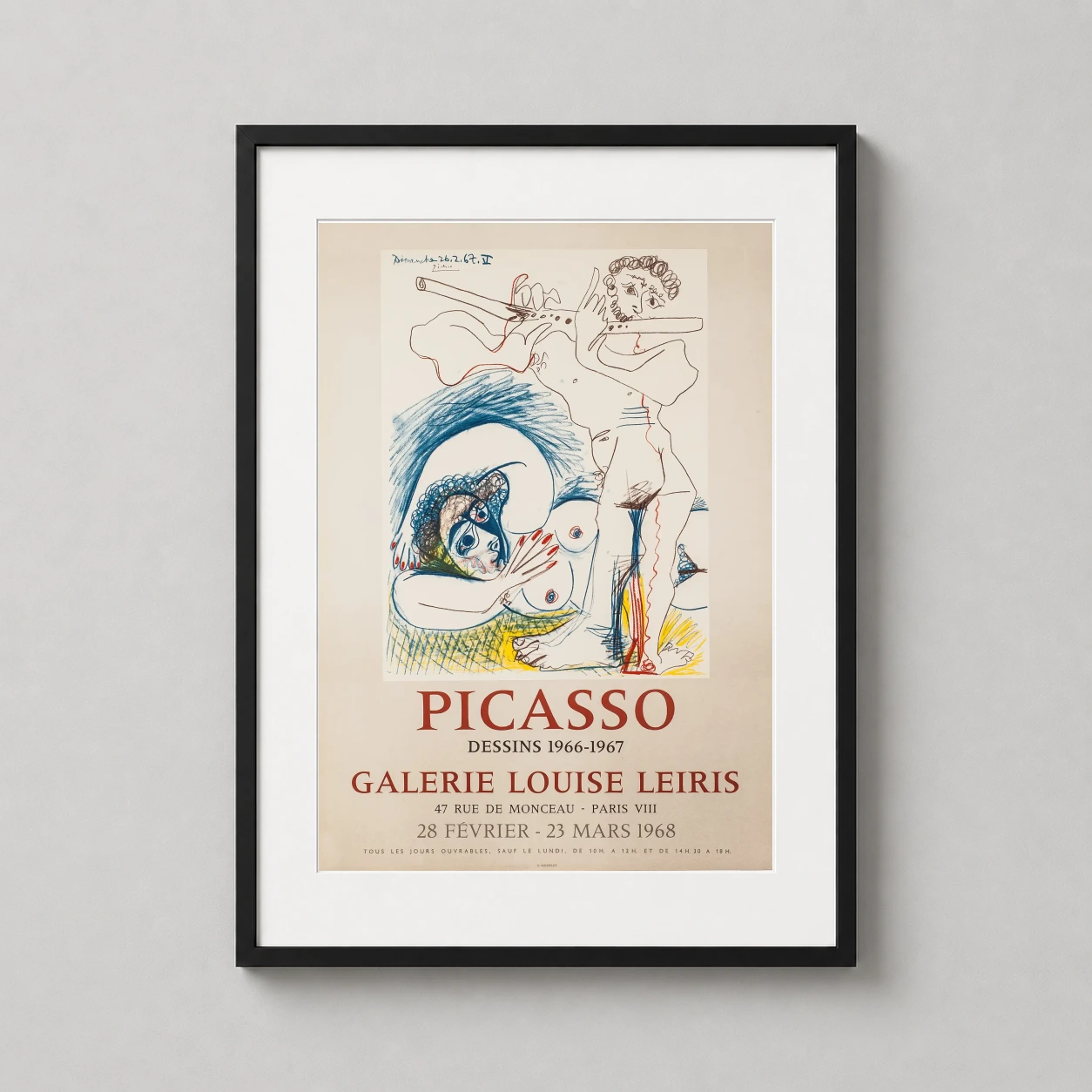 Picasso Dessins Galerie Louise — features vibrant primary color line drawings by Pablo Picasso of a